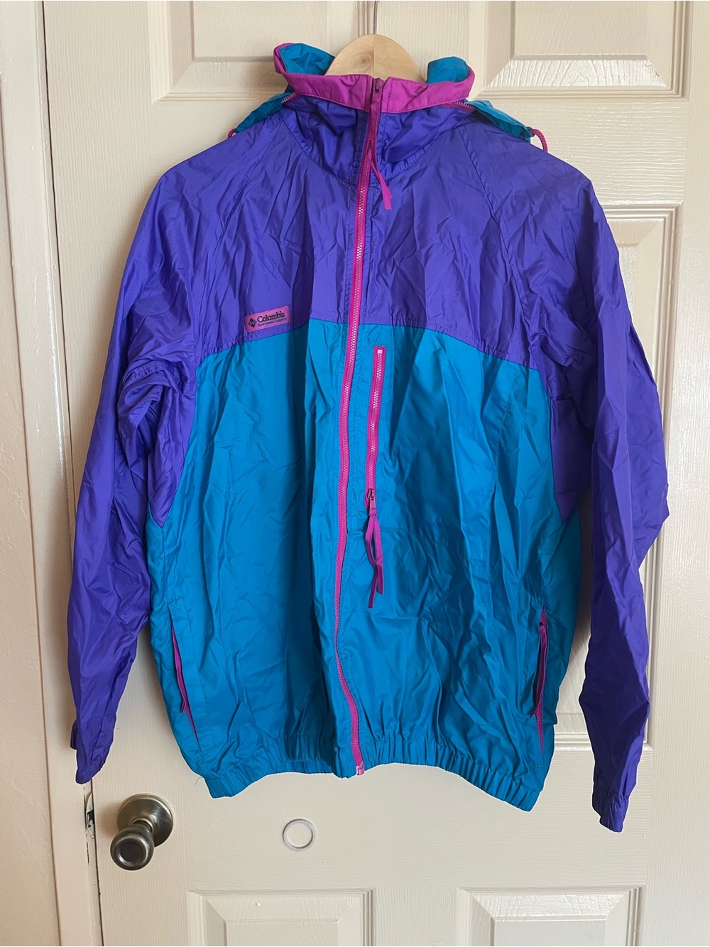 Columbia women’s Hooded Colorblock Rain Jacket - Purple & Teal with Pink Accents